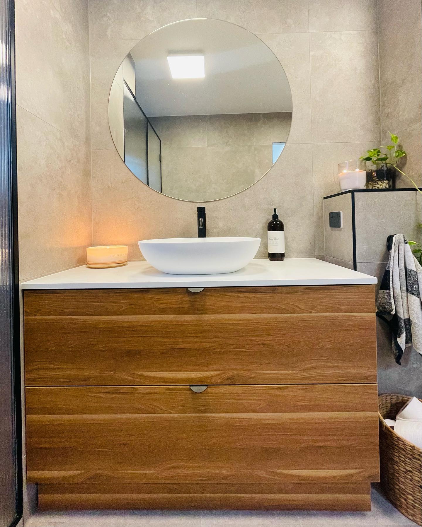 Custom timber vanity with vessel basin